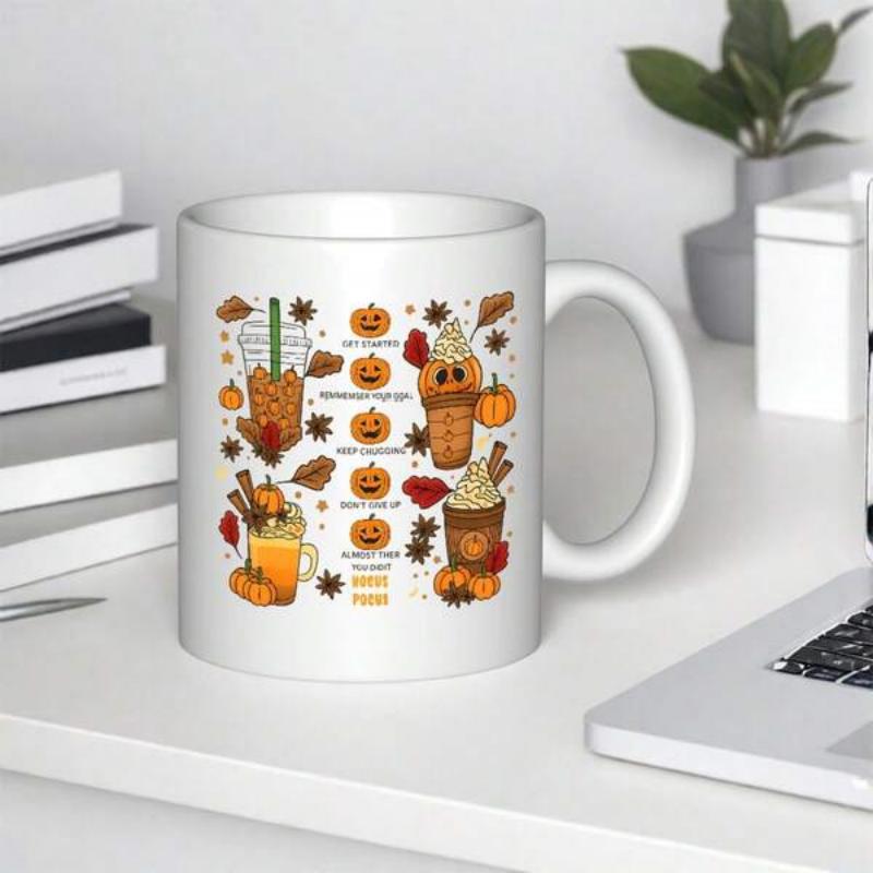 Tailorly White Ceramic 11 oz Mug - Pumpkin Spice Season Cozy Autumn Beverages Featuring Hand Drawn Leaves And Jack O Lantern Pumpkin