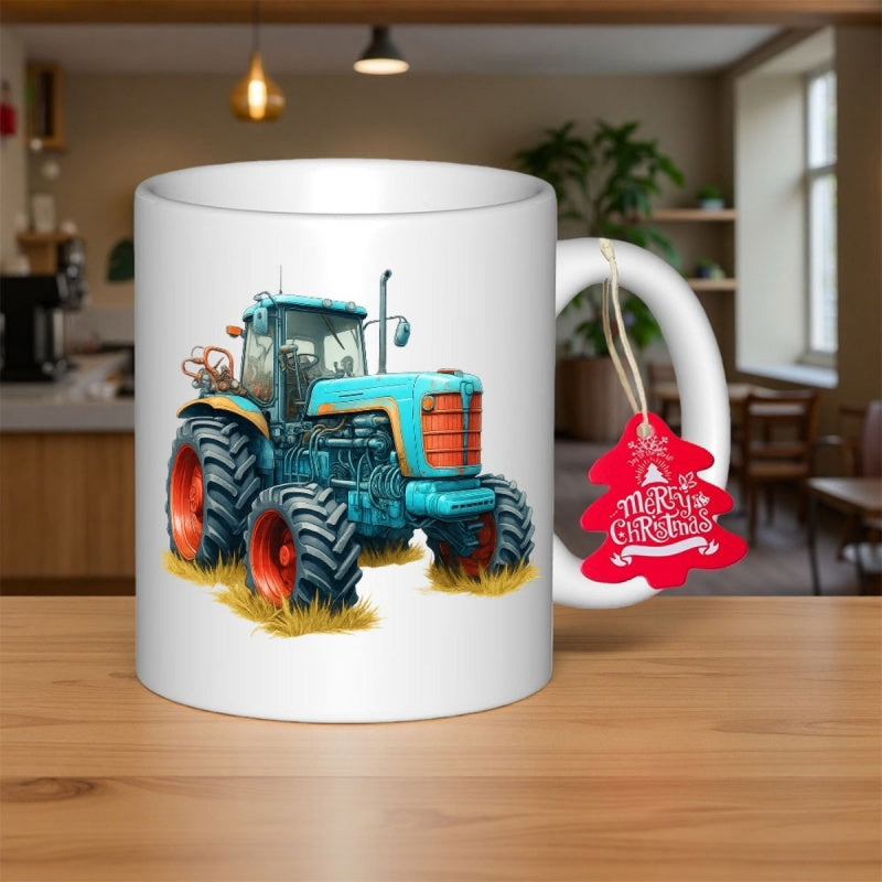 Tailorly White Ceramic 11 oz Mug - Merry Christmas Rugged Blue Farming Machine Sitting On Dry Straw With Red Accents Tractor