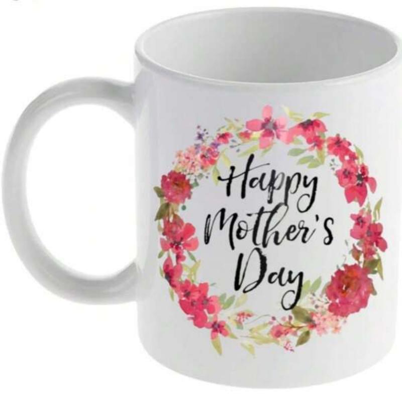 Tailorly White Ceramic 11 oz Mug - Happy Mothers Day Blooming Pink Watercolor Flowers Arranged In A Circular Wreath
