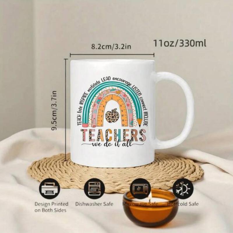 Tailorly White Ceramic 11 oz Mug - Teachers We Do It All Vibrant Rainbow Pencil Featuring Leopard Print Apple Elements Behind Text Mug