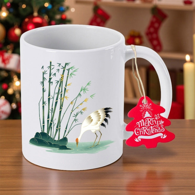 Tailorly White Ceramic 11 oz Mug - Merry Christmas Elegant Red Crowned Crane Standing Near Green Bamboo Stalks And Rocks Crane