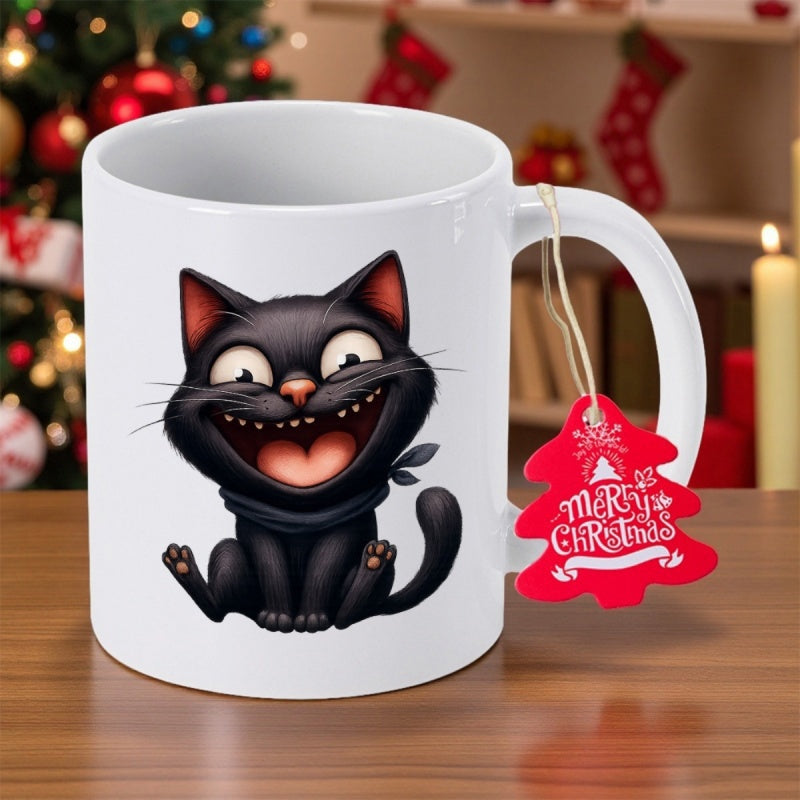 Tailorly White Ceramic 11 oz Mug - Merry Christmas Playful Stylized Sitting Character With A Wide Grin Wearing Scarf Cat