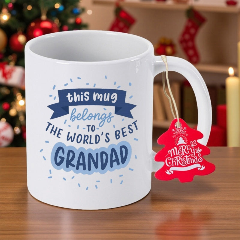 Tailorly White Ceramic 11 oz Mug - This Mug Belongs To The Worlds Best Grandad Merry Christmas Classic Ceramic Vessel Featuring Elegant Blue Ribbon Banner And