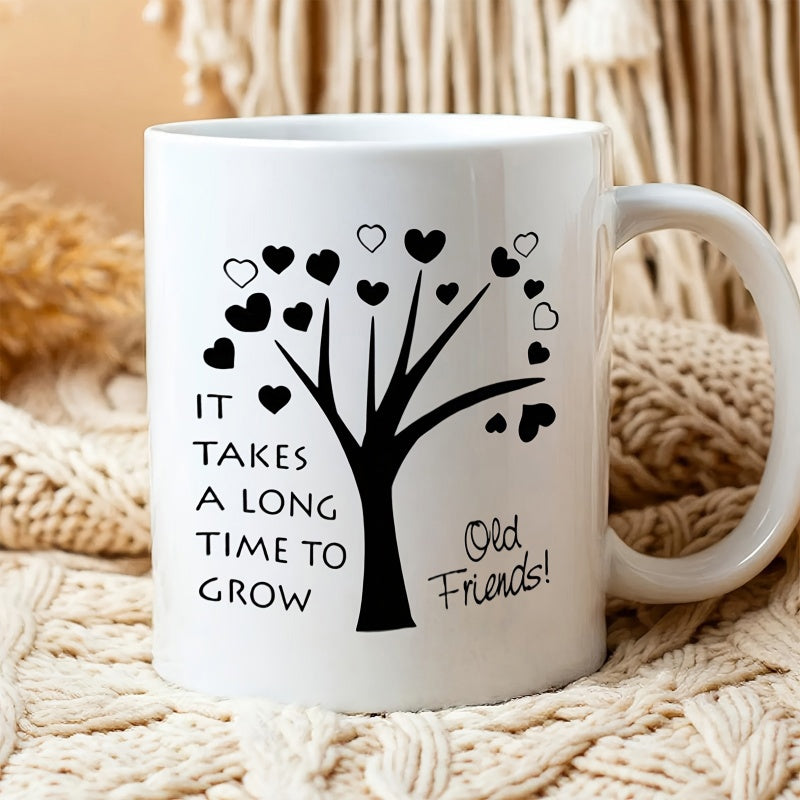 Tailorly White Ceramic 11 oz Mug - It Takes A Long Time To Grow Old Friends Minimalist Silhouette Featuring Solid And Outline Heart Shaped Leaves Tree
