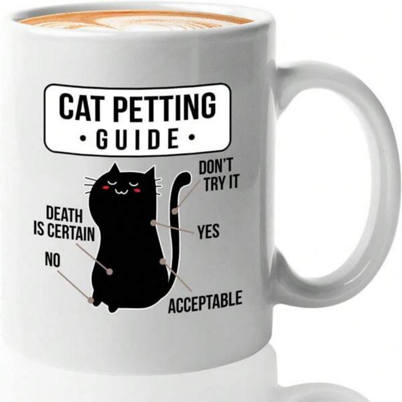 Tailorly White Ceramic 11 oz Mug - Cat Petting Guide Death Is Certain Playful Black Silhouette Sitting With Cute Facial Expressions Cat