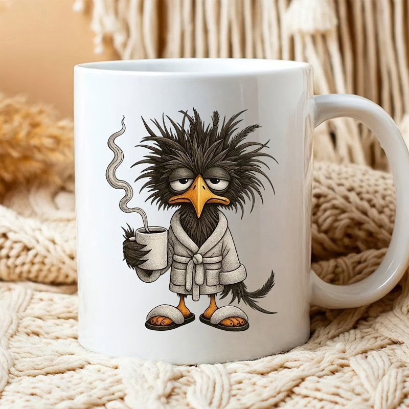 Tailorly White Ceramic 11 oz Mug - Sleepy Messy Haired Cartoon Crow Wearing Bathrobe Holding Hot Steaming Coffee Mug Bird