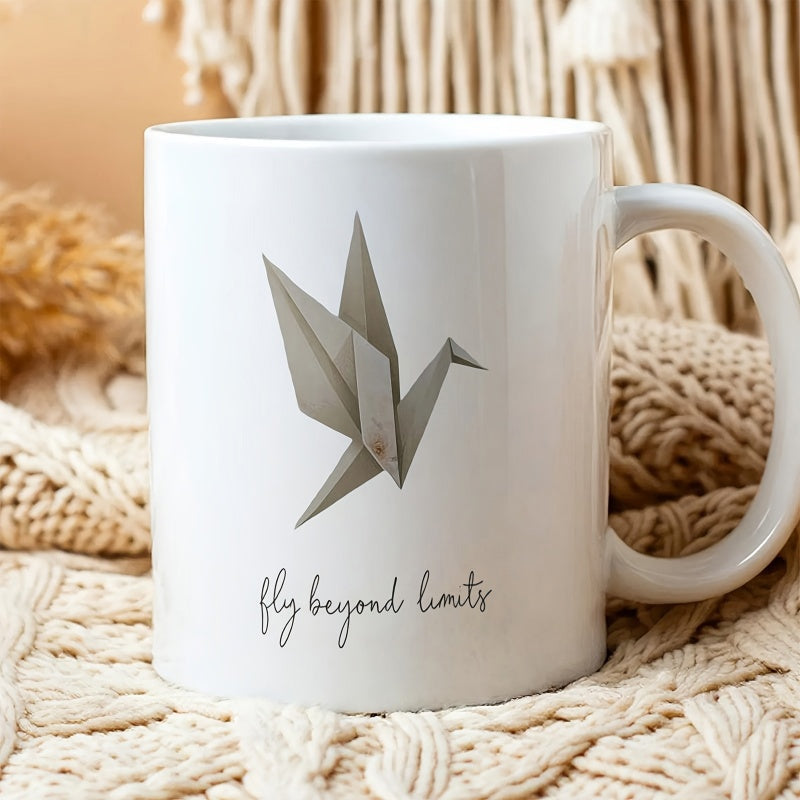 Tailorly White Ceramic 11 oz Mug - Fly Beyond Limits Minimalist Origami Paper Bird Gliding Upward With Subtle Geometric Shadows Crane