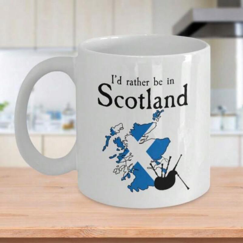 Tailorly White Ceramic 11 oz Mug - Id Rather Be In Scotland Traditional Map Outline With Saltire Flag And National Bagpipe Icon Scotland
