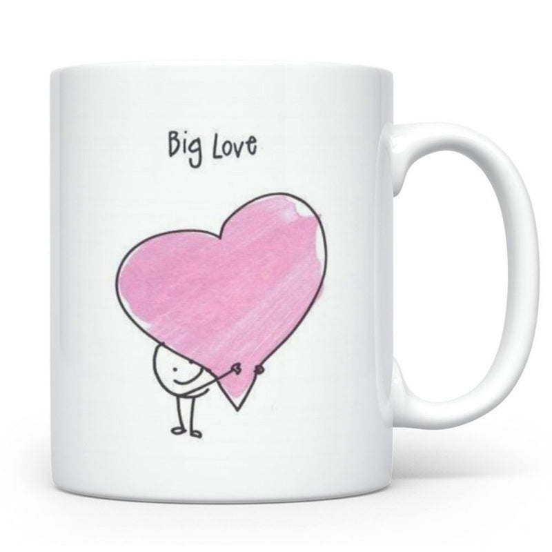 Tailorly White Ceramic 11 oz Mug - Big Love Cute Small Hand Drawn Character Carrying A Giant Pink Heart