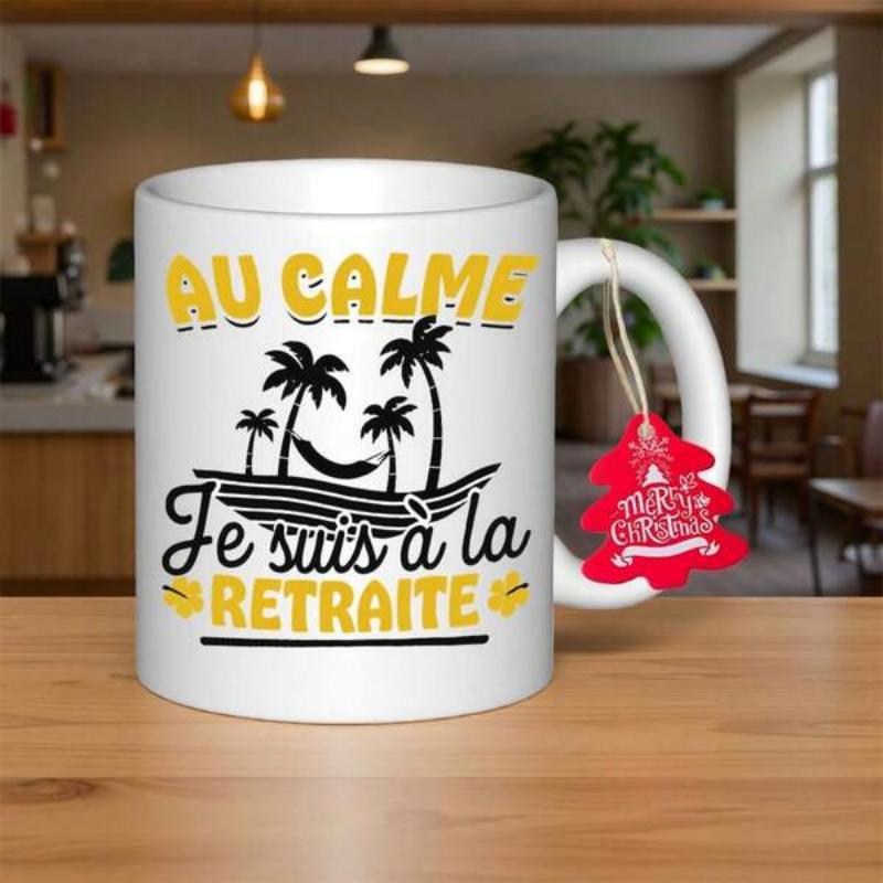 Tailorly White Ceramic 11 oz Mug - Merry Christmas Tropical Silhouette With Relaxing Hammock Among Tall Swaying Palm Tree