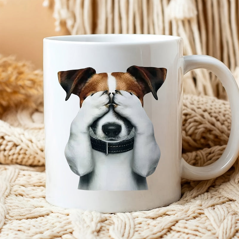 Tailorly White Ceramic 11 oz Mug - Cute Jack Russell Terrier Covering Eyes With Paws Wearing Black Collar Dog
