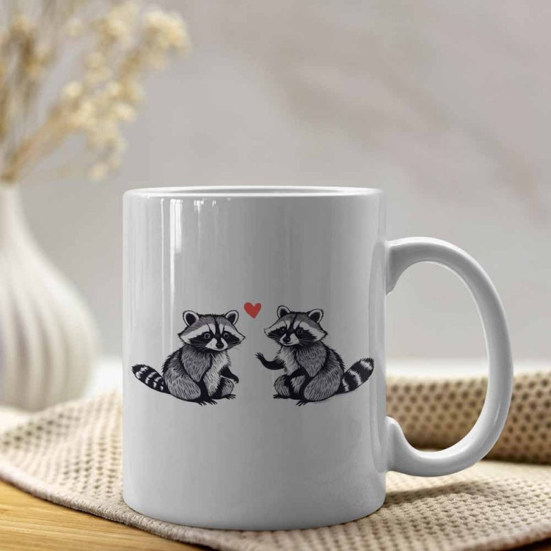 Tailorly White Ceramic 11 oz Mug - Two Adorable Forest Animals Sitting Together Under A Small Red Heart Raccoon