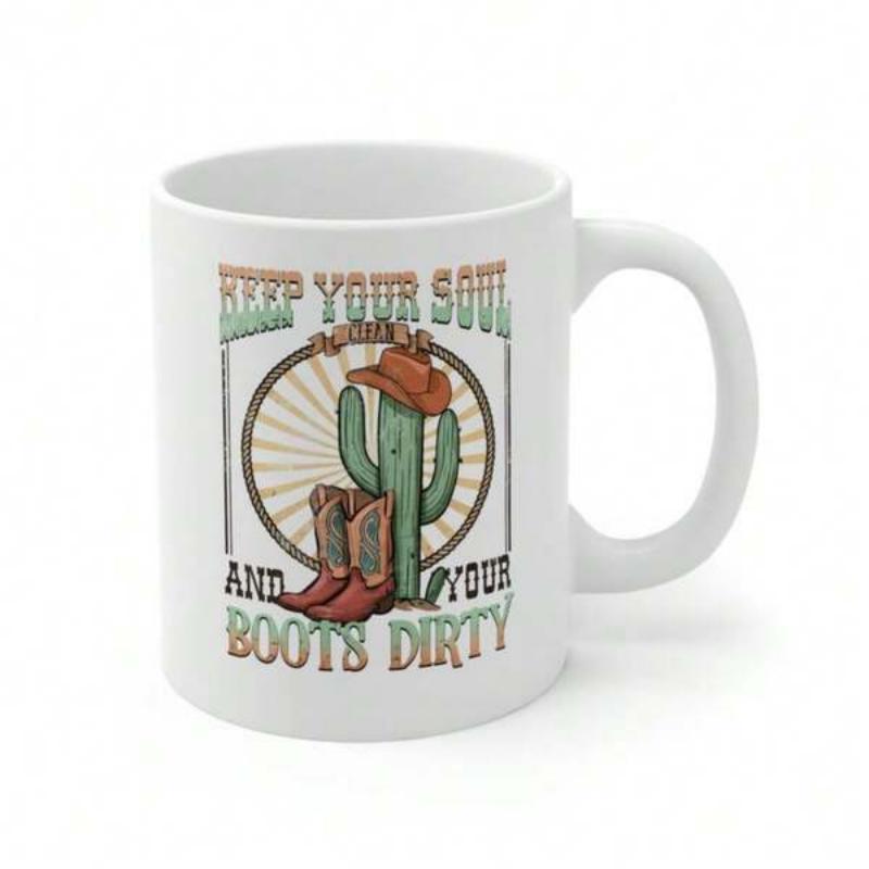 Tailorly White Ceramic 11 oz Mug - Keep Your Soul And Your Boots Dirty Vintage Western Scene Featuring A Desert Cactus Wearing A Cowboy Hat Cactus
