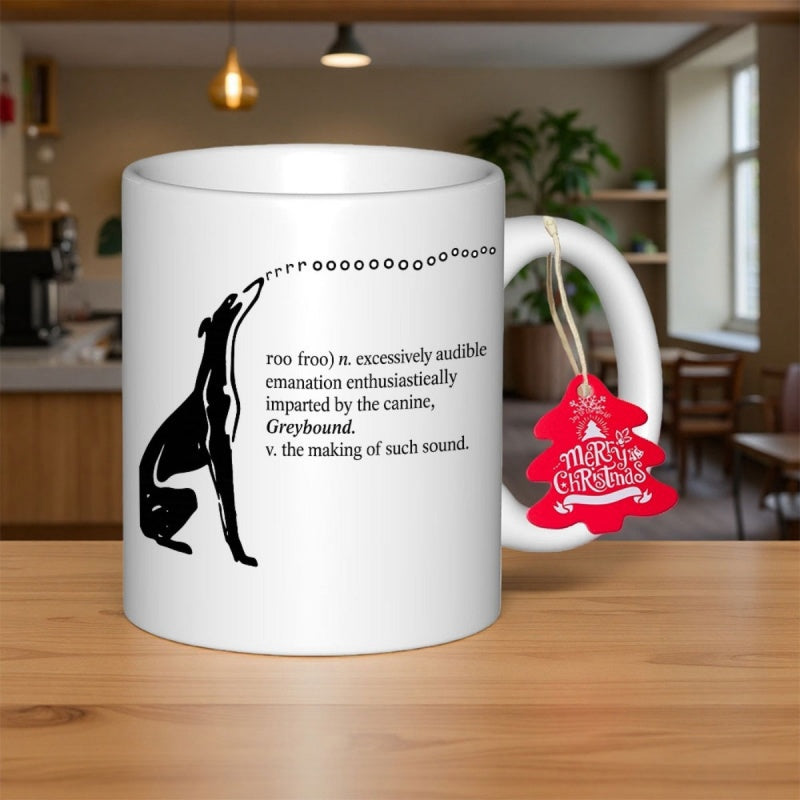 Tailorly White Ceramic 11 oz Mug - Roo Greyhound Black Silhouette Of A Dog Howling Among Small Floating Circles Greyhound