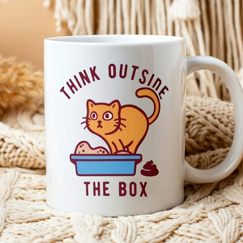 Tailorly White Ceramic 11 oz Mug - Think Outside The Box Playful Orange Kitten Standing Within A Small Blue Litter Box Cat