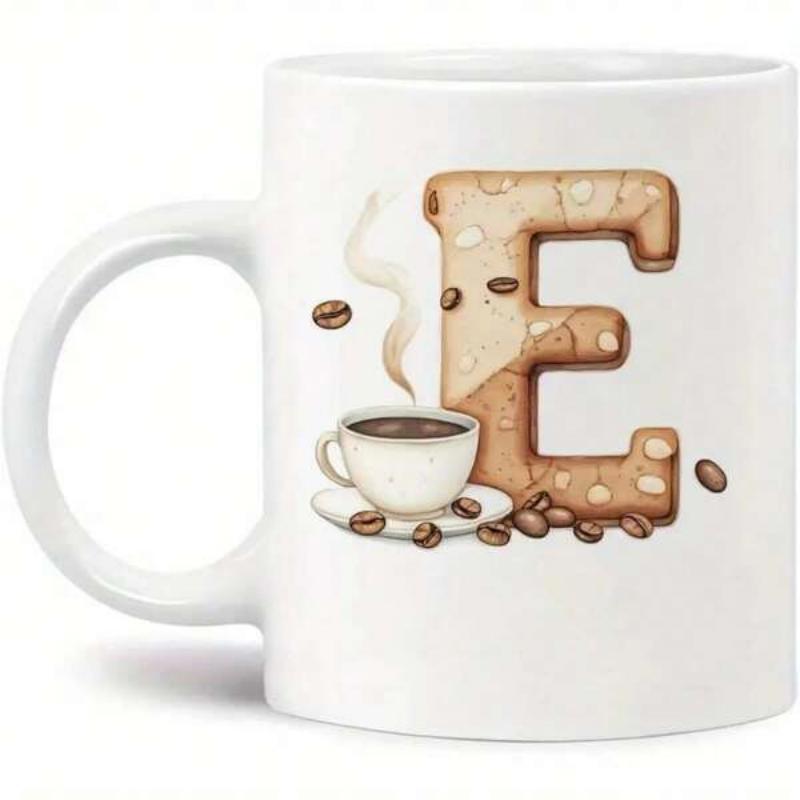 Tailorly White Ceramic 11 oz Mug - E Warm Brown Biscuit Texture With Steaming Cup And Aromatic Beans Letter