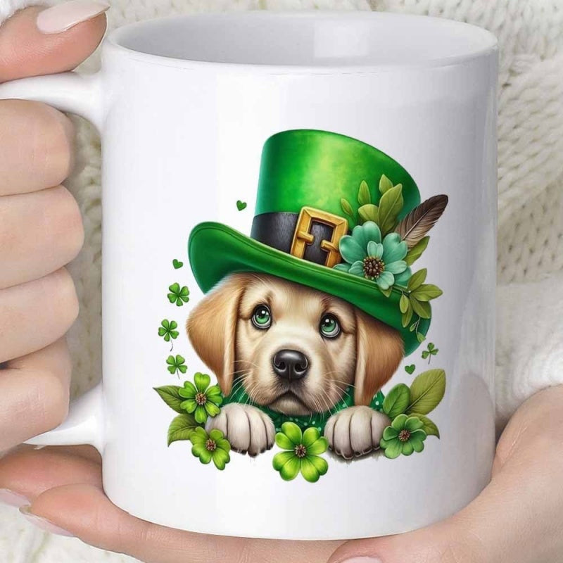 Tailorly White Ceramic 11 oz Mug - Adorable Yellow Labrador Puppy Wearing Festive Green Leprechaun Hat Among Shamrocks Dog
