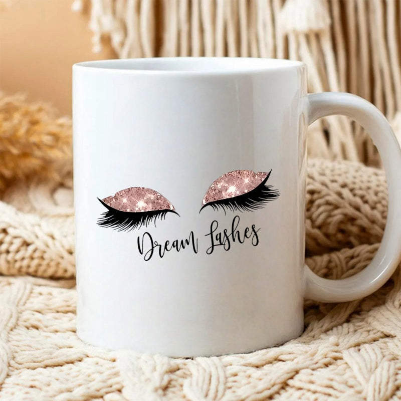 Tailorly White Ceramic 11 oz Mug - Dream Lashes Rose Gold Glitter Eyeshadow With Long Thick Dark Voluminous Curled Eyelashes