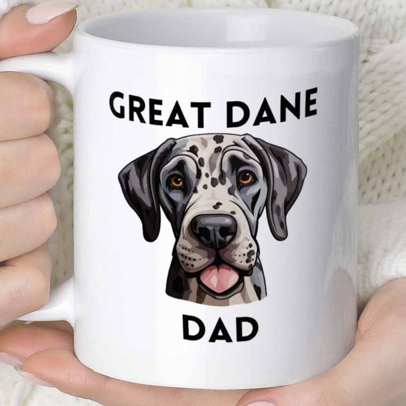 Tailorly White Ceramic 11 oz Mug - Great Dane Dad Detailed Harlequin Pattern With Spotted Ears And Friendly Smiling Facial Features Great Dane