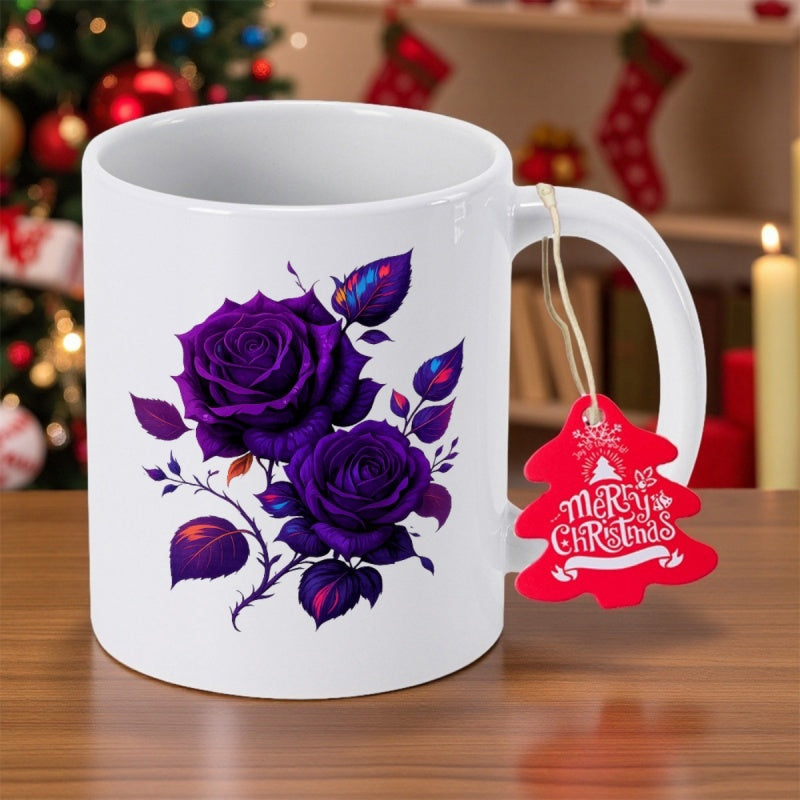 Tailorly White Ceramic 11 oz Mug - Merry Christmas Elegant Blooming Petals With Dark Leaves And Thorny Stems Rose