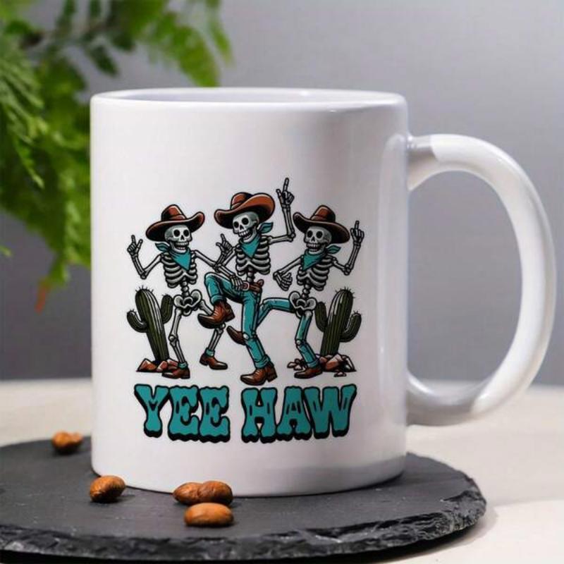 Tailorly White Ceramic 11 oz Mug - Yee Haw Three Joyful Figures Dancing Together In Western Cowboy Hats And Boots Skeleton