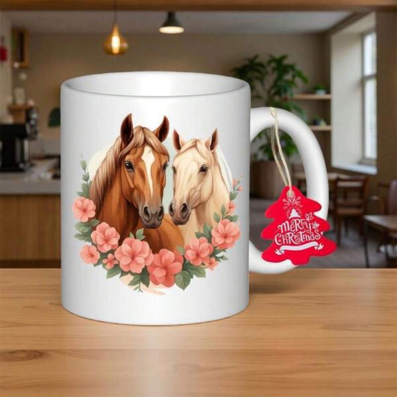 Tailorly White Ceramic 11 oz Mug - Two Majestic Horses Surrounded By Delicate Pink Flowers In Bloom Horse