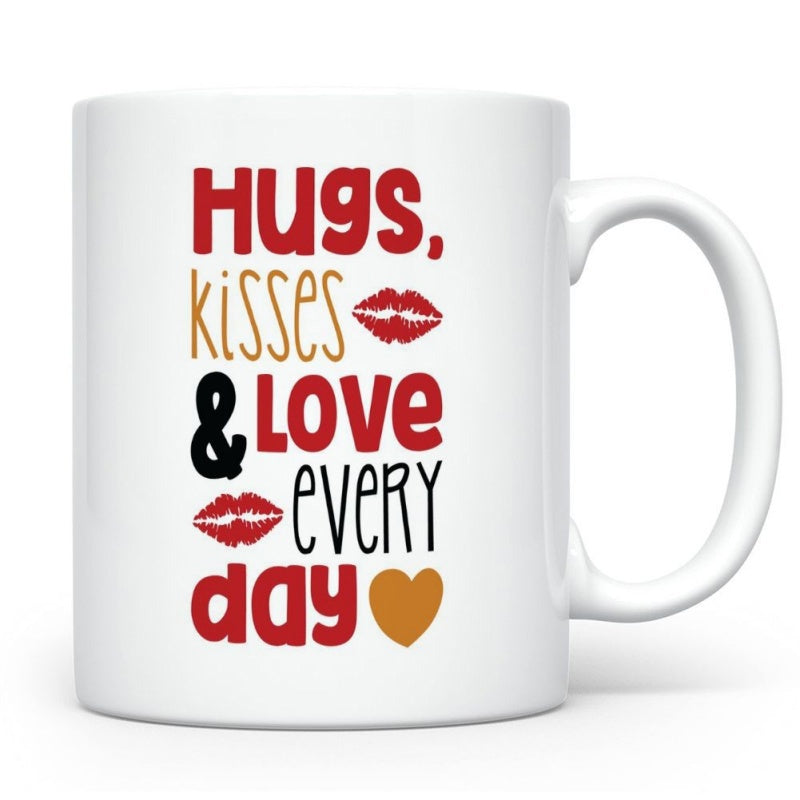 Tailorly White Ceramic 11 oz Mug - Hugs Kisses Love Every Day Vibrant Red Lips With A Golden Heart Ceramic Mug
