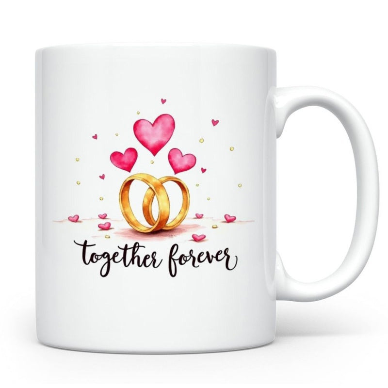 Tailorly White Ceramic 11 oz Mug - Together Forever Golden Intertwined Bands Under Floating Pink Watercolor Hearts With Small Petals Rings