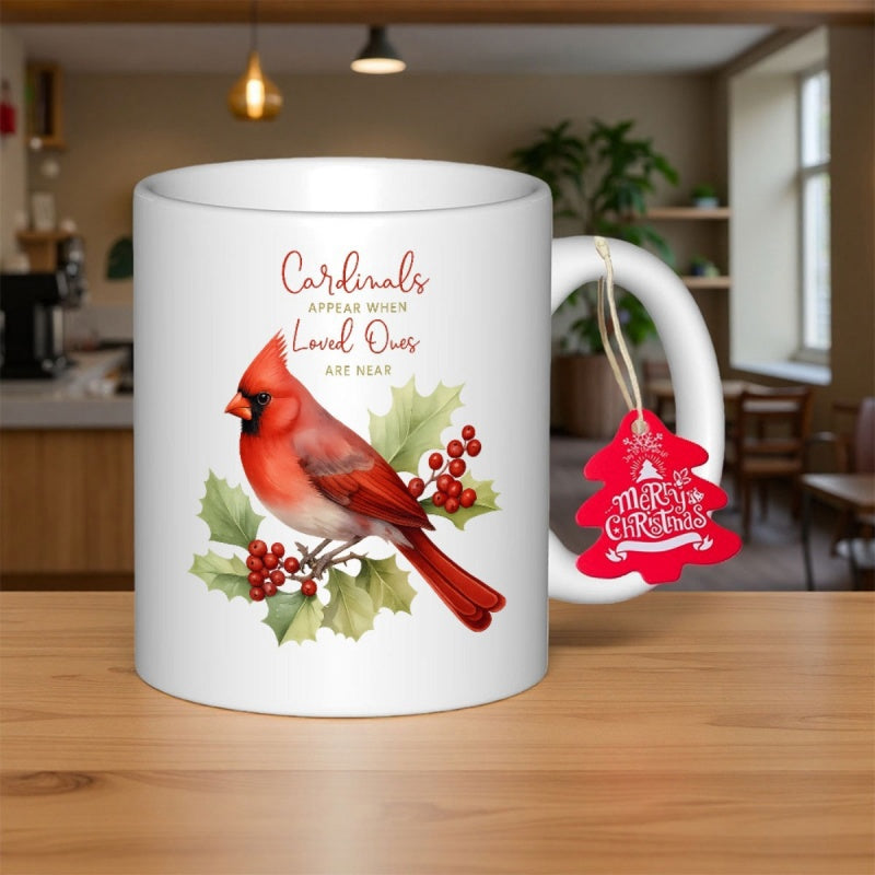 Tailorly White Ceramic 11 oz Mug - Cardinals Appear When Loved Ones Are Near Vivid Red Bird Resting Gracefully Among Festive Holly Leaves Cardinal