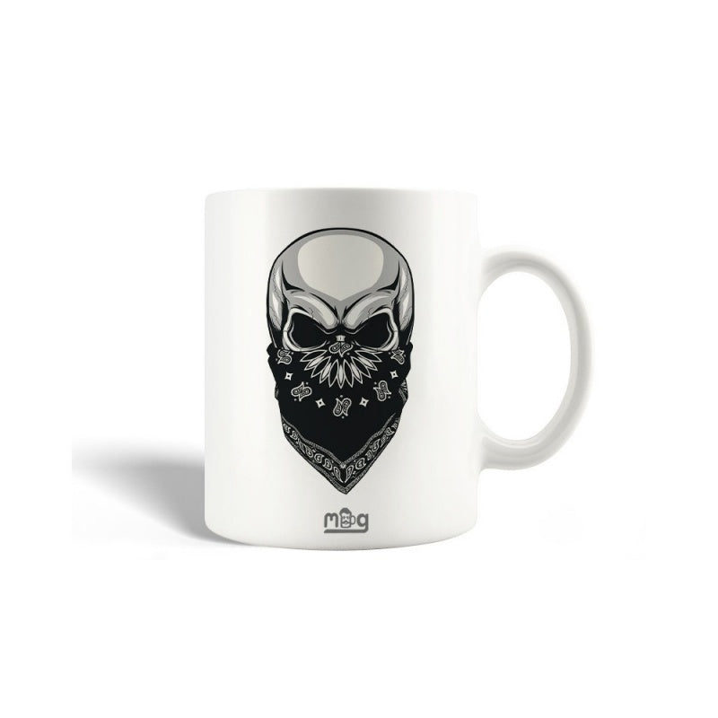 Tailorly White Ceramic 11 oz Mug - Monochromatic Artistic Design Wearing A Patterned Bandana With Dark Empty Eye Sockets Skull