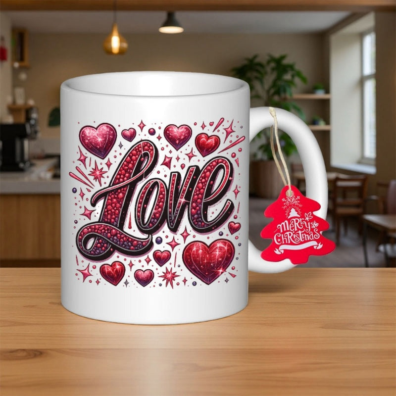 Tailorly White Ceramic 11 oz Mug - Love Radiant Red Hearts With Sparkling Patterns And Decorative Artistic Flourishes Mug
