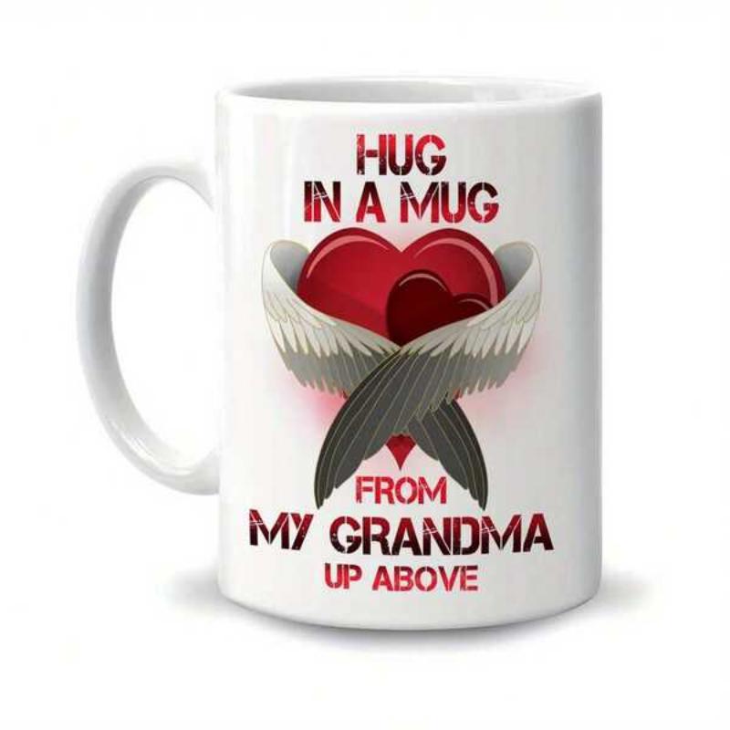 Tailorly White Ceramic 11 oz Mug - Hug In A Mug From My Grandma Up Above Red Heart With Feathery Angel Wings Wrapped Gently Around Glowing Love Heart