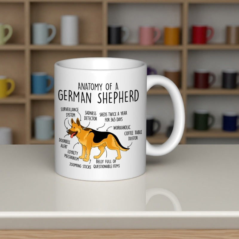Tailorly White Ceramic 11 oz Mug - Anatomy Of A German Shepherd Humorous Anatomical Diagram Of A Loyal Working Breed German Shepherd
