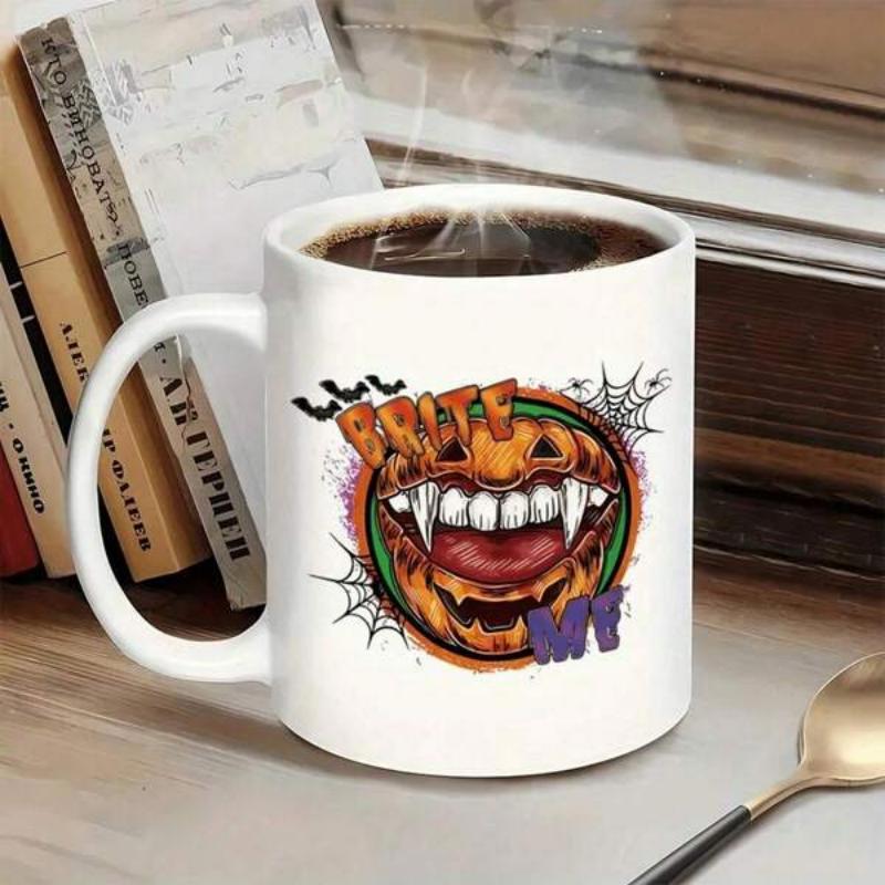 Tailorly White Ceramic 11 oz Mug - Bite Me Fierce Halloween Jack O Lantern Featuring Sharp Vampire Fangs Surrounded By Flying Bats Pumpkin