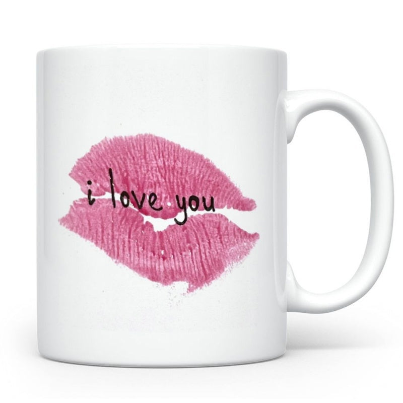 Tailorly White Ceramic 11 oz Mug - I Love You Vibrant Pink Lipstick Kiss Mark With Romantic Artistic Texture Lips