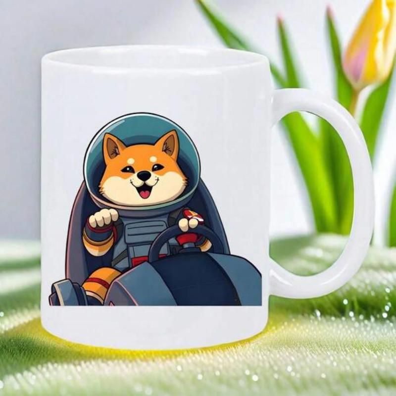 Tailorly White Ceramic 11 oz Mug - Adventurous Little Dog Wearing Spacesuit Navigating Futuristic High Tech Cockpit Shiba Inu