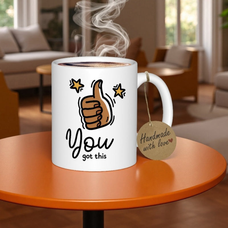 Tailorly White Ceramic 11 oz Mug - You Got This Cartoon Stylized Brown Skin Tone Giving Encouragement Among Golden Sparkling Stars Thumbs Up