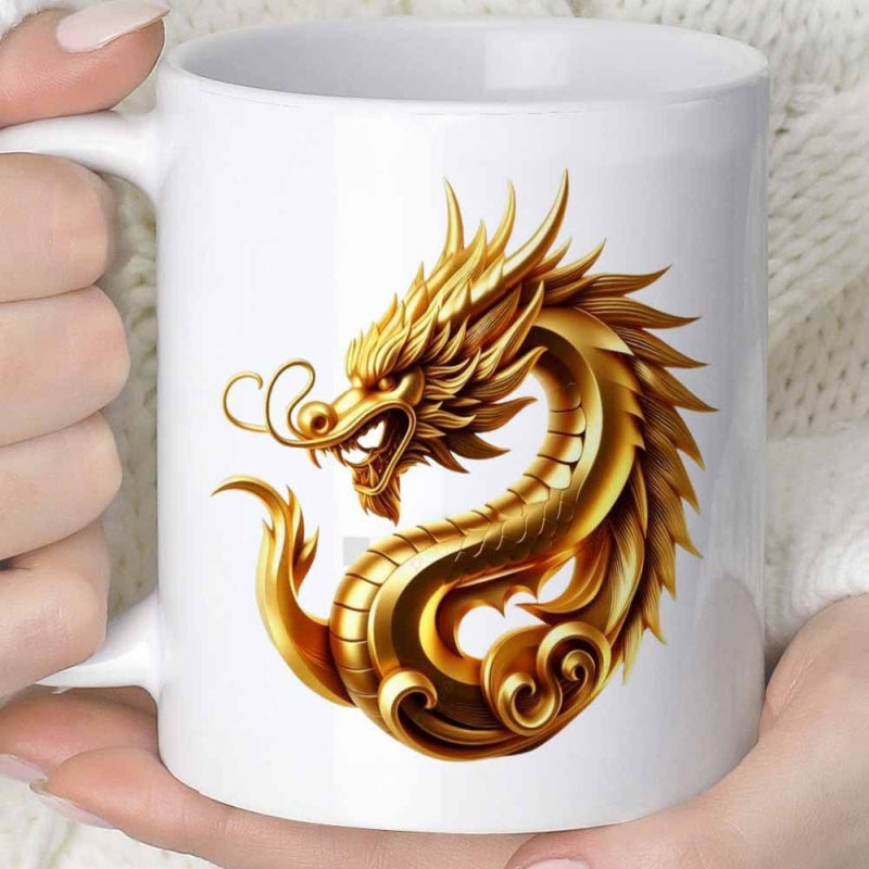 Tailorly White Ceramic 11 oz Mug - Powerful Mythical Creature With Golden Scales Shining In Intricate Detail Dragon