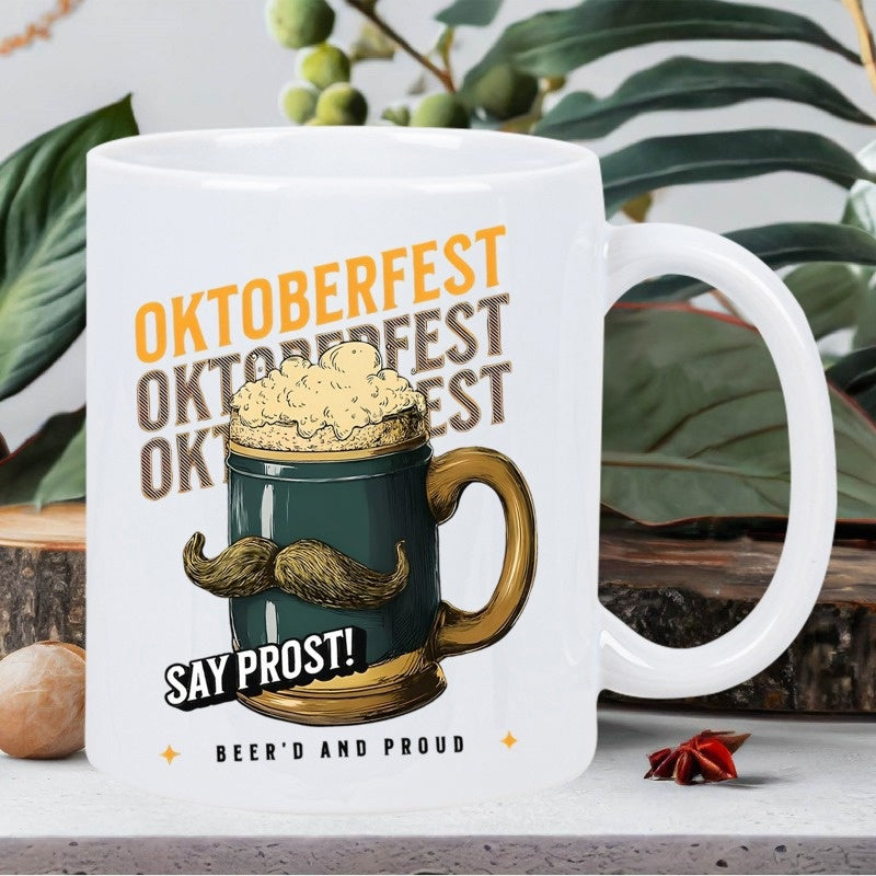 Tailorly White Ceramic 11 oz Mug - Oktoberfest Say Prost Beer'd And Proud Vintage Style Beer Stein With Thick Foam And Brown Mustache Festive Mug