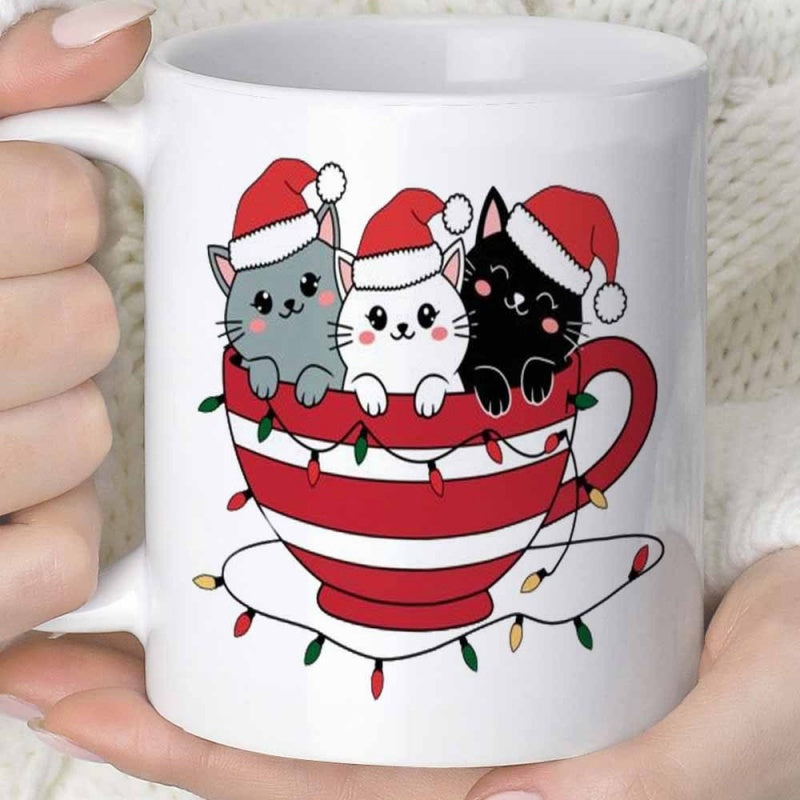 Tailorly White Ceramic 11 oz Mug - Three Adorable Kittens Wearing Santa Hats Sitting Inside Festive Christmas Teacup Cats