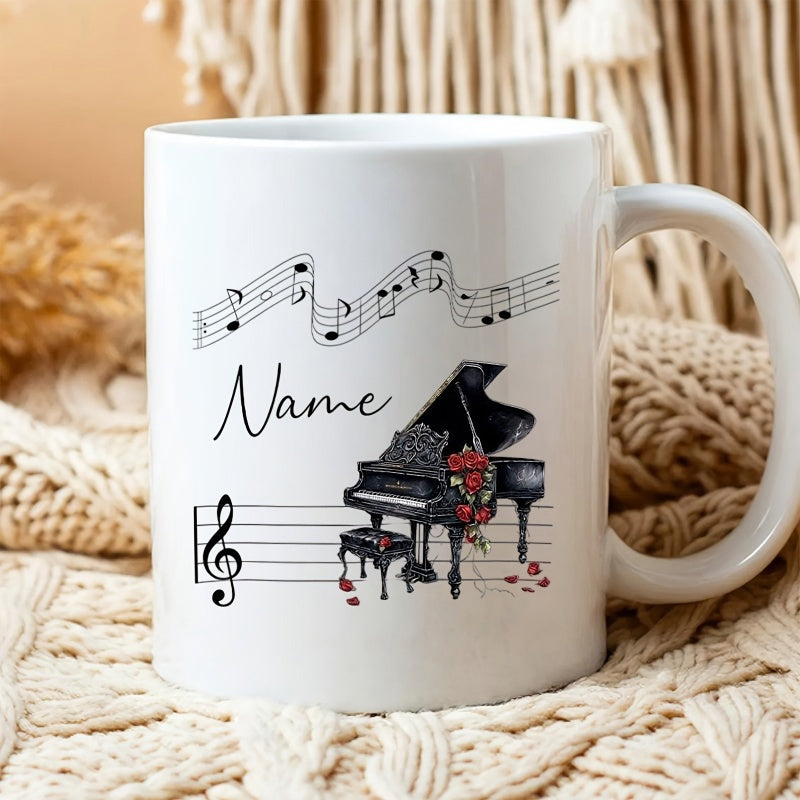 Tailorly White Ceramic 11 oz Mug - Name Elegant Musical Staves And Red Roses Adorning A Classic Grand Piano