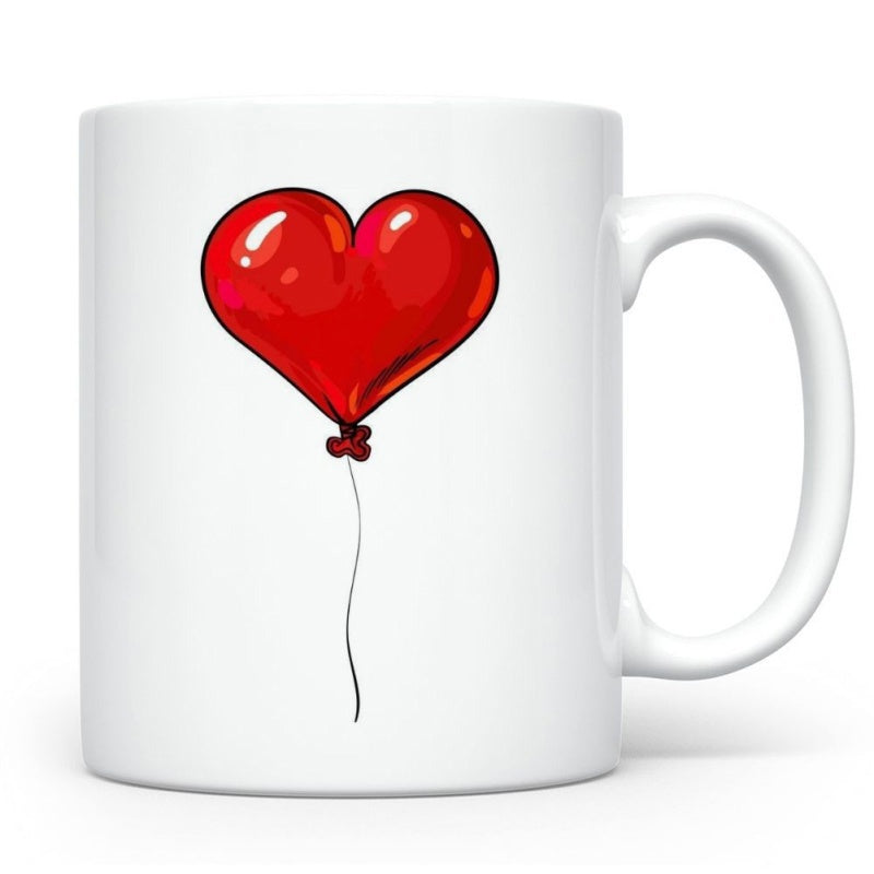 Tailorly White Ceramic 11 oz Mug - Vibrant Red Heart Shaped Balloon Floating Peacefully Against A Minimalist White Background Balloon