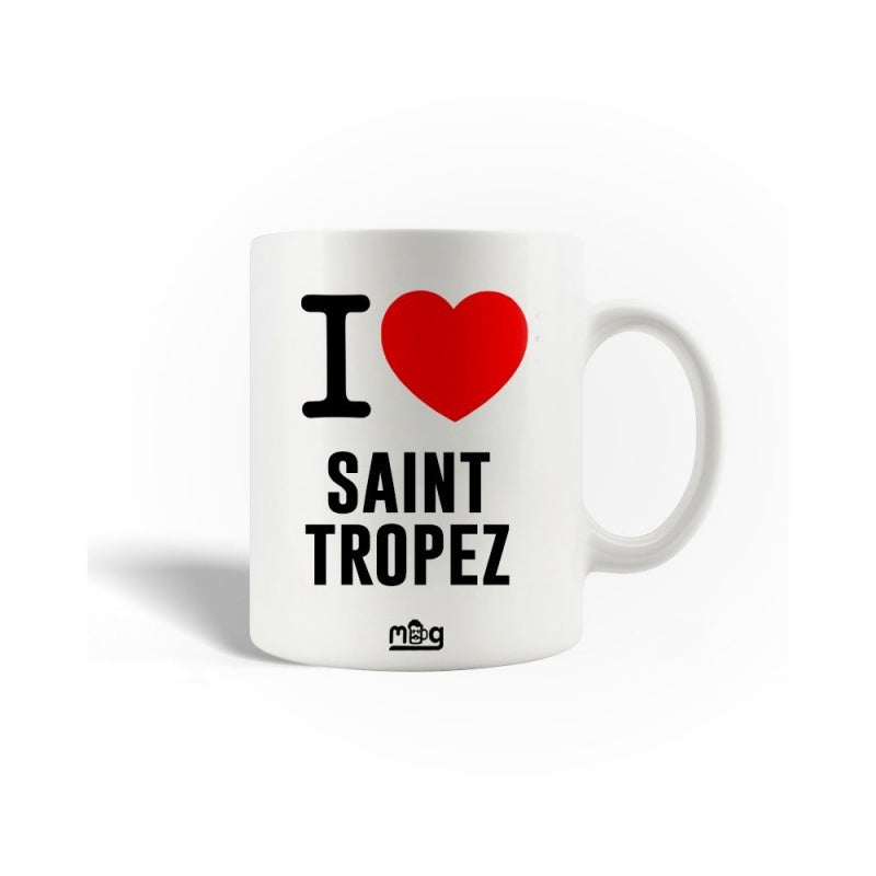 Tailorly White Ceramic 11 oz Mug - I Saint Tropez Minimalist White Ceramic With Vibrant Red Heart Icon And Souvenir Typography Mug