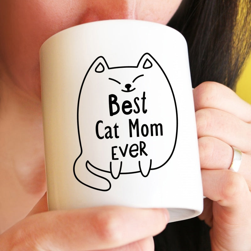Tailorly White Ceramic 11 oz Mug - Best Cat Mom Ever Minimalist Black Line Drawing Of A Cute Round Cartoon Feline Cat