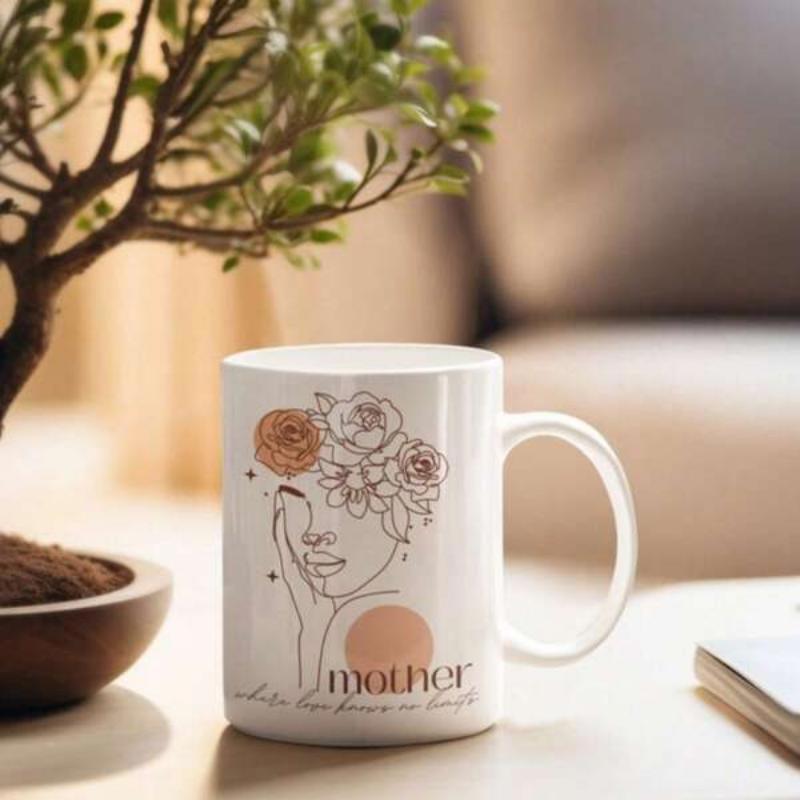 Tailorly White Ceramic 11 oz Mug - Mother Elegant Minimalist Line Art Woman With Floral Crown And Terracotta Accents Mug