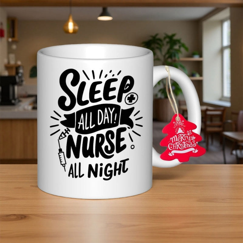 Tailorly White Ceramic 11 oz Mug - Sleep All Day Nurse All Night Minimalist White Ceramic Vessel With Bold Typography And Medical Icons Mug