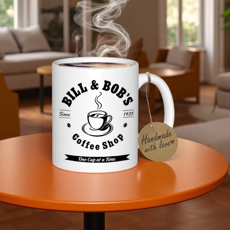 Tailorly White Ceramic 11 oz Mug - Bill Bobs Coffee Shop Since One Cup At A Time Elegant Steaming Mug With Rising Smoke And Decorative Minimalist Beans Coffee Cup