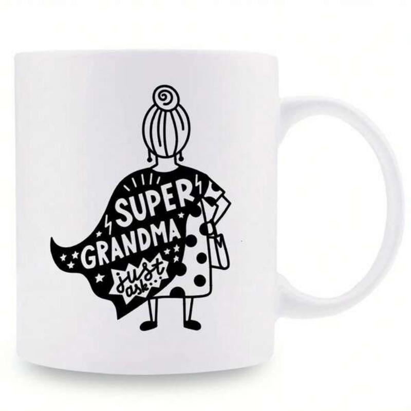 Tailorly White Ceramic 11 oz Mug - Super Grandma Hand Drawn Illustrative Woman Wearing Polka Dot Dress And Hero Cape Grandmother
