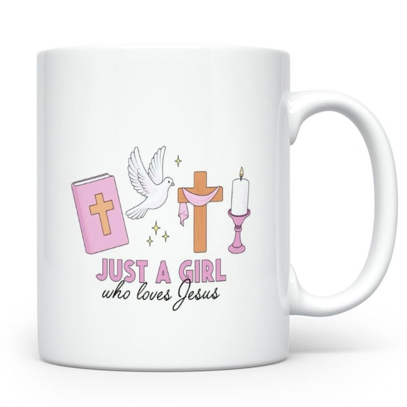 Tailorly White Ceramic 11 oz Mug - Just A Girl Who Loves Jesus Pink Bible White Dove Candle With Wooden Religious Symbol And Stars Cross