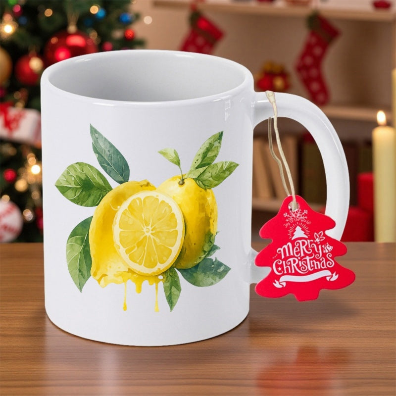Tailorly White Ceramic 11 oz Mug - Merry Christmas Vibrant Yellow Citrus With Lush Green Leaves And Fresh Slices Lemon